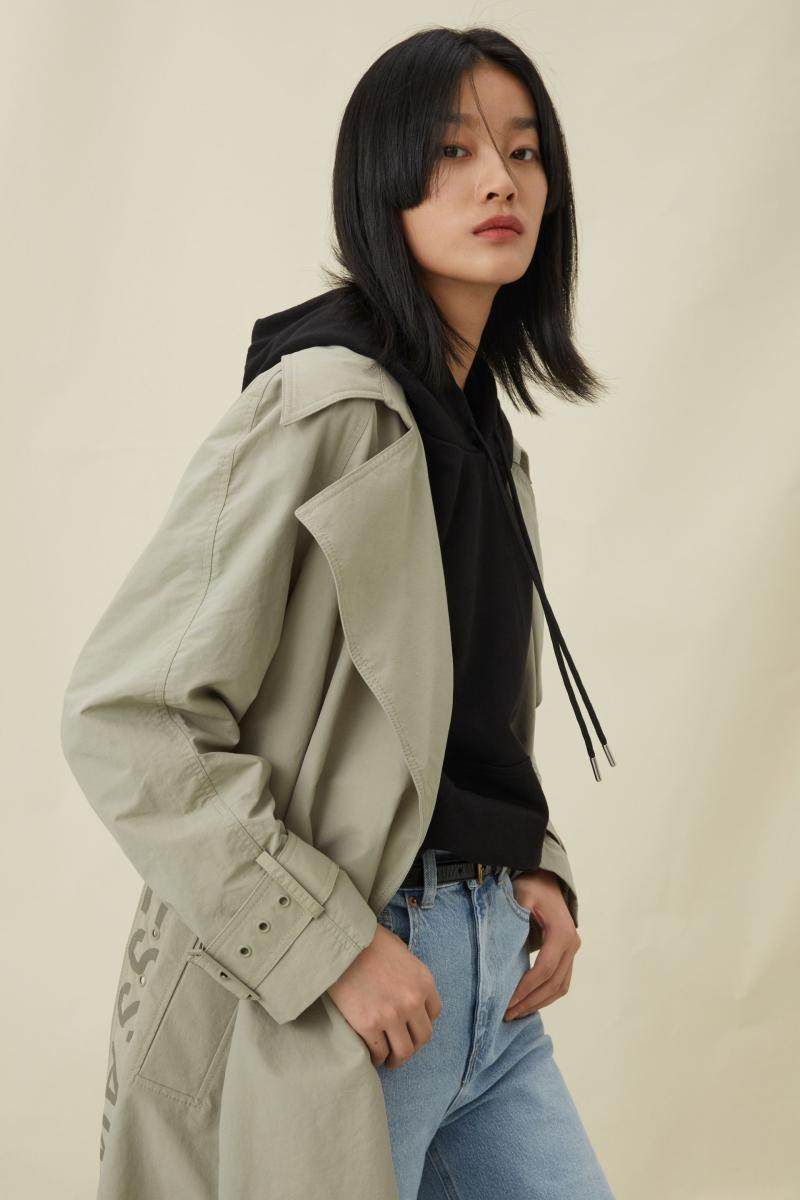 hm女装中长款外套女潮2021新款梭织面料女士百搭无扣风衣0957184