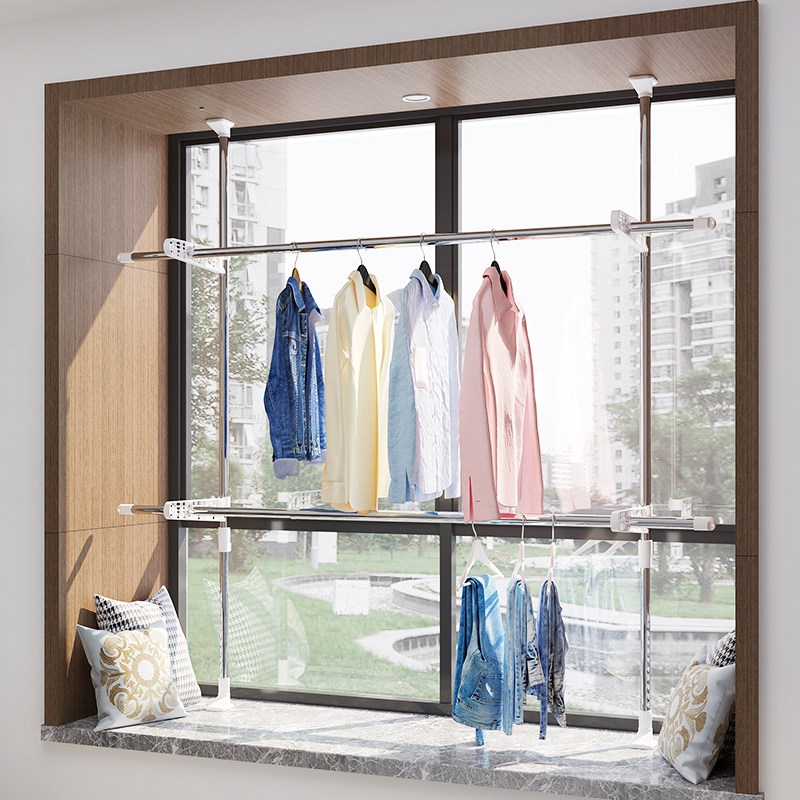 飘窗台顶天立地落地折叠室内晾衣杆
