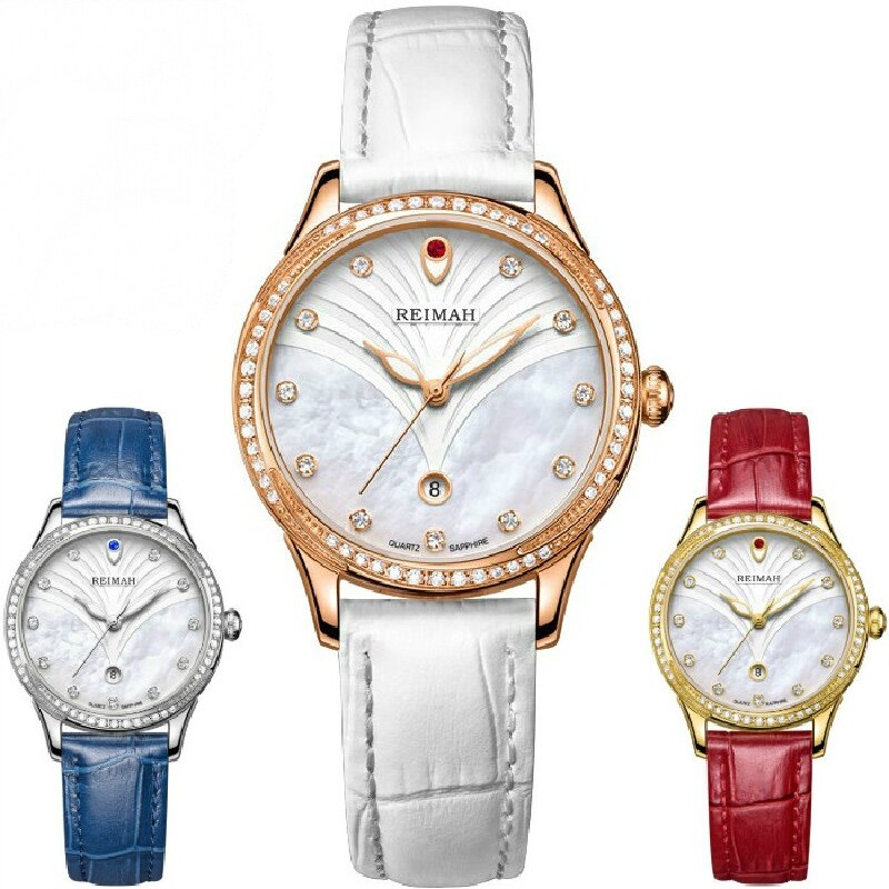 reimah雷迈手表女士真皮防水石英表潮流时尚夜光水钻精致女表6129