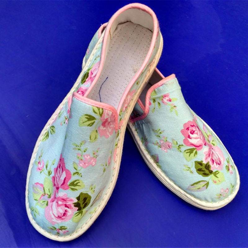 纯手工千层底布鞋女民族风平底花布鞋低帮一脚蹬透气布shoe快手款