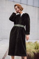 Shallgar设计女装2016冬款新品C*line同款墨绿超厚实羊剪绒大衣