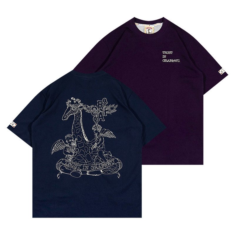 graf原创品牌trustingraf圣荆棘冠受难长颈鹿守护天使刺绣t恤短袖