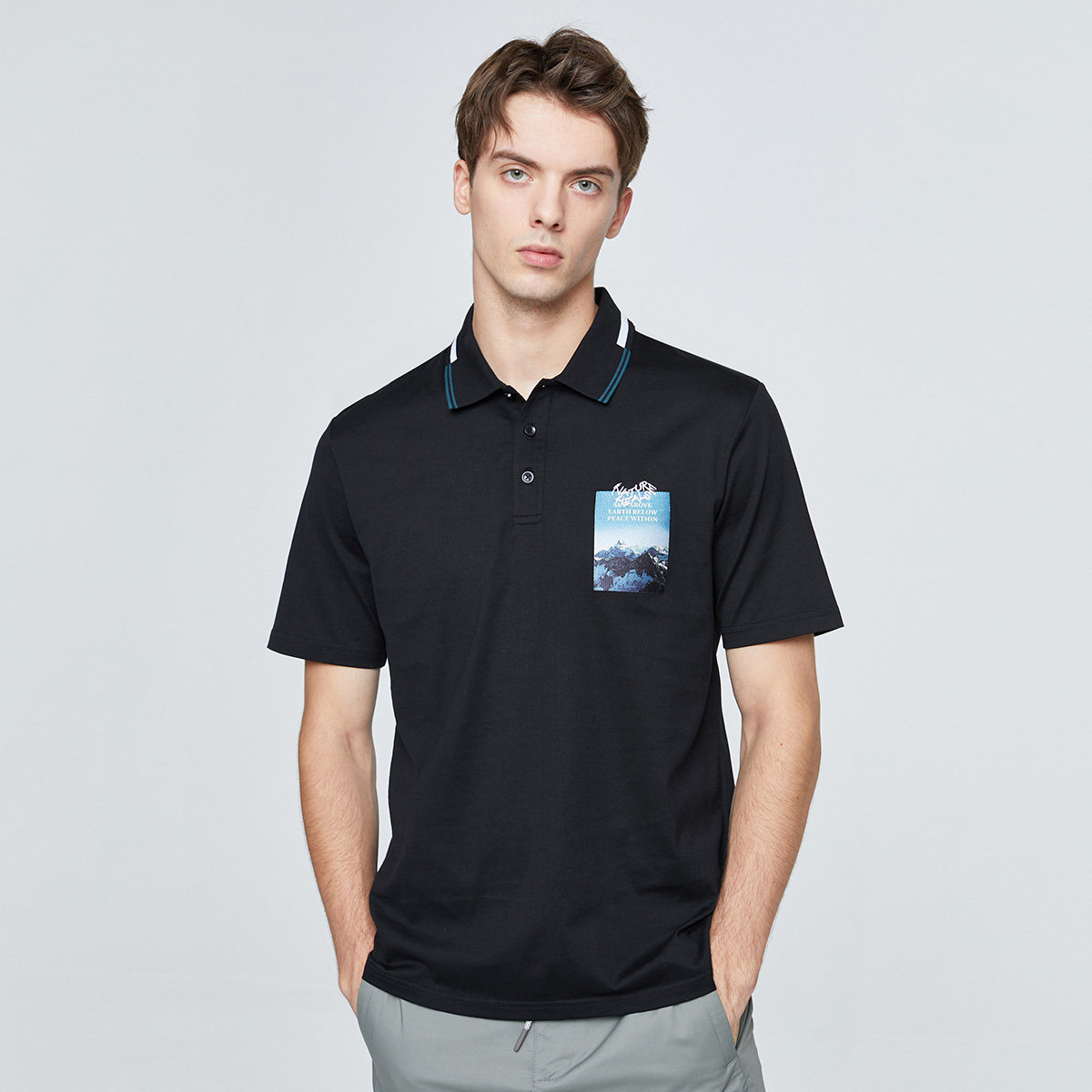 绫致selected思莱德新纯棉贴布刺绣字母翻领短袖t恤男s|420306011