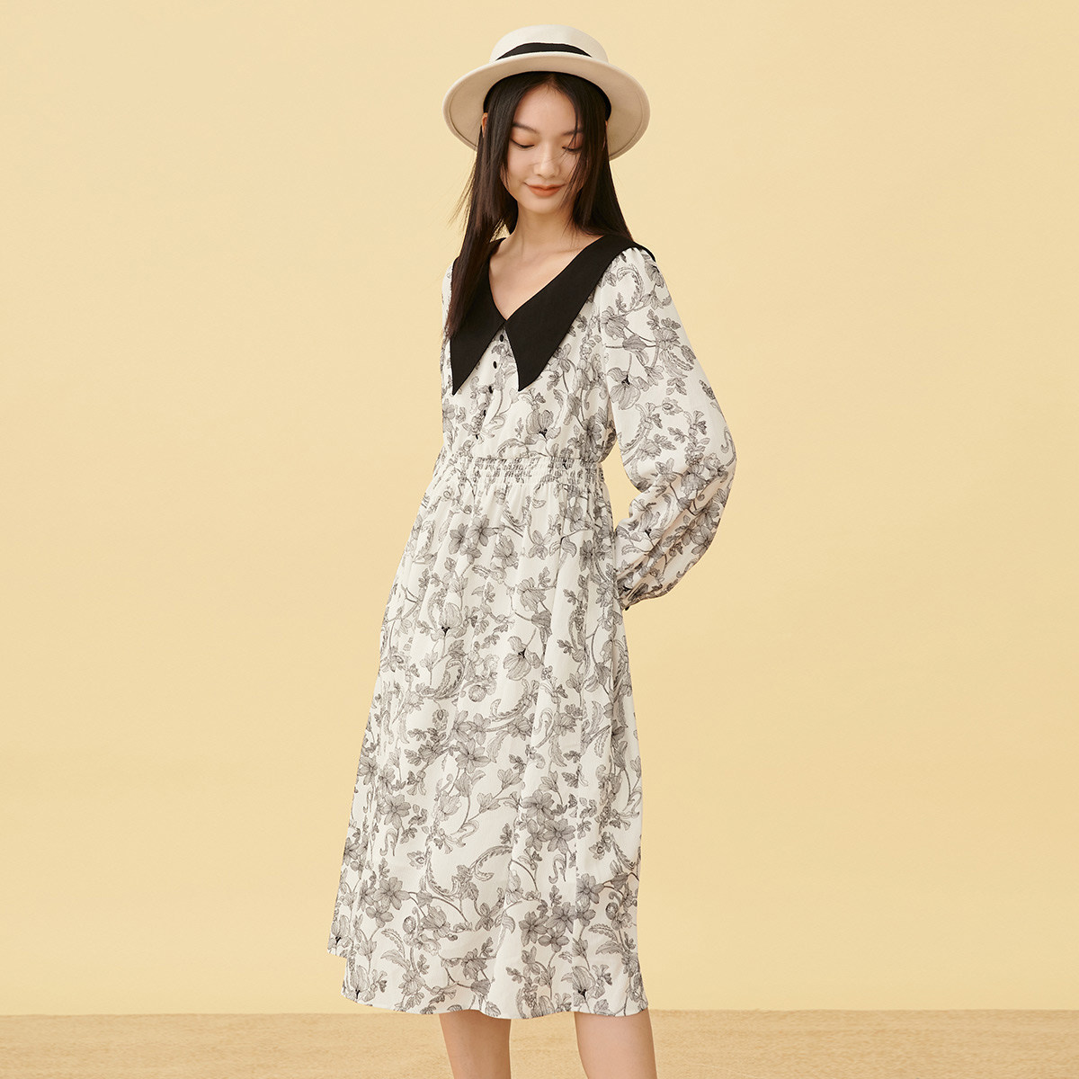 5件9折only春季新款娃娃领碎花收腰a字中长款连衣裙女121407015