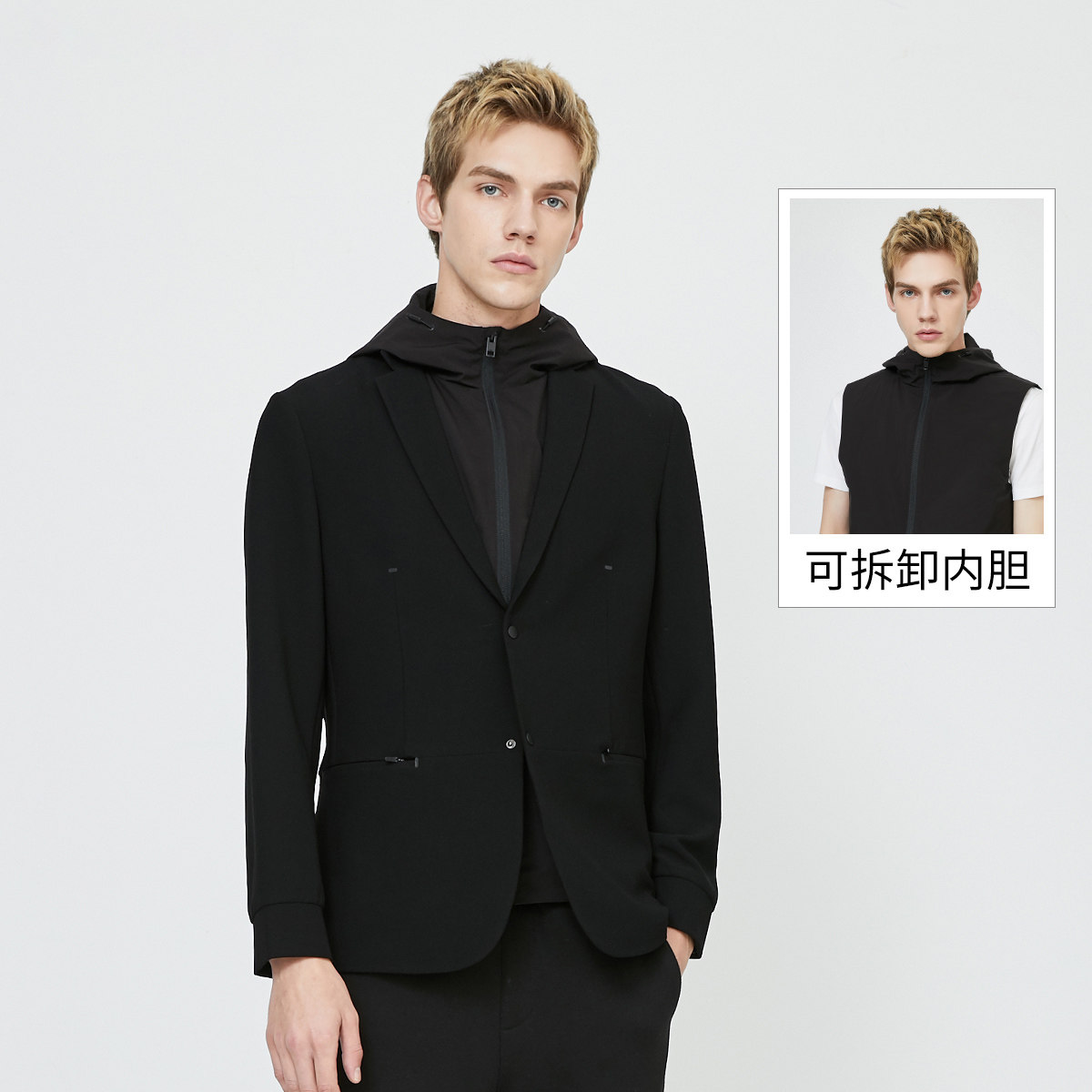 绫致jackjones杰克琼斯连帽可拆两穿修身西服装外套夹克220108504