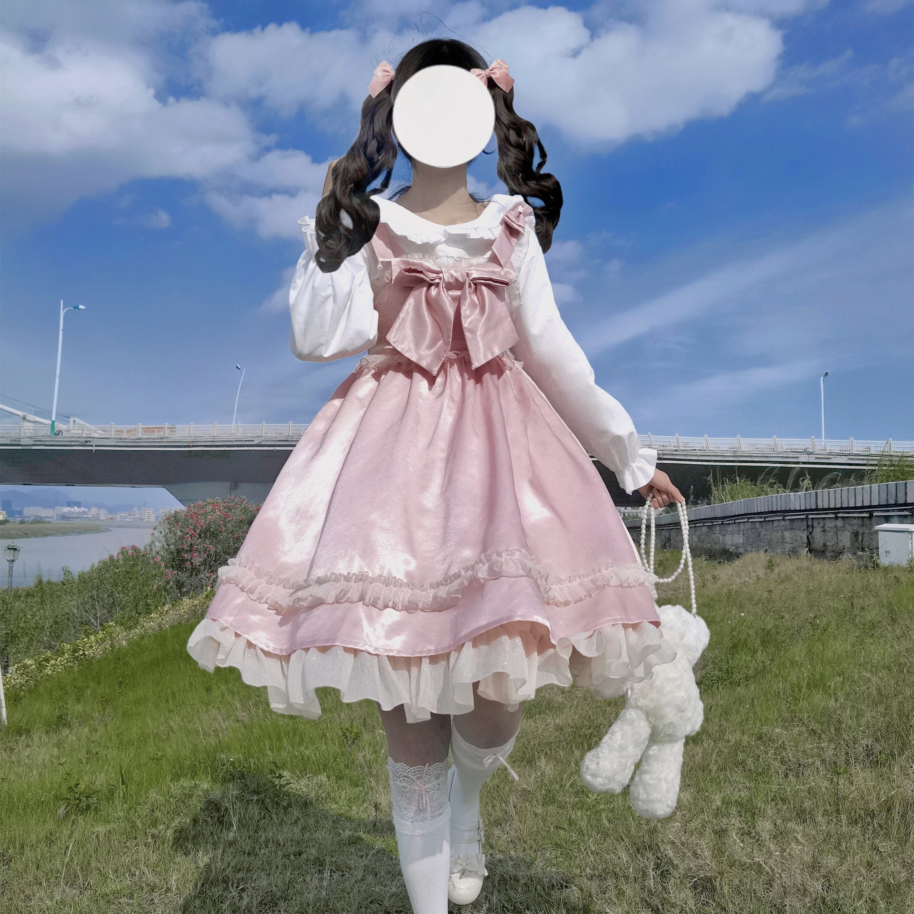 agnes 粉色jsk cla大小姐洛丽塔优雅蝴蝶结缎面吊带lolita连衣裙