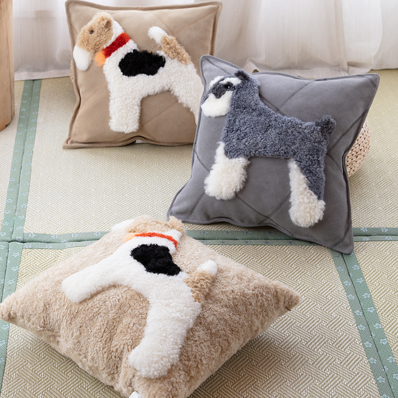 狗狗卡通羊毛牛皮抱枕比熊雪纳瑞柯基 田园动物设计沙发真皮靠垫