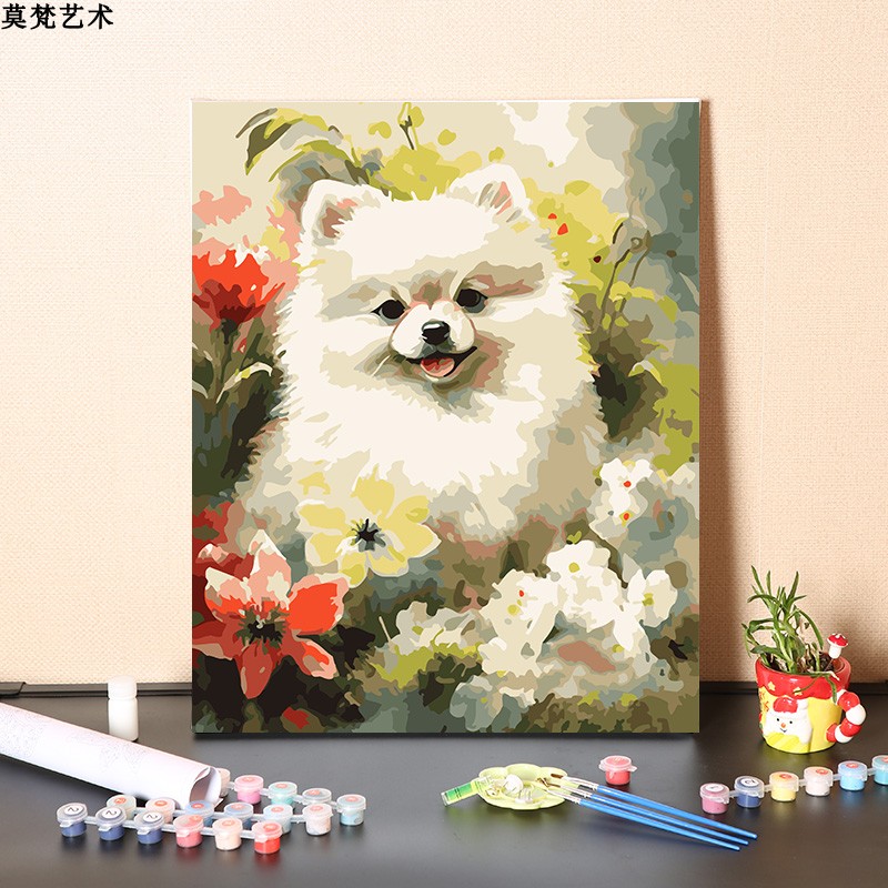 数字油画diy手工填充小奶狗博美柯基柴犬田园犬涂色丙烯油彩画画