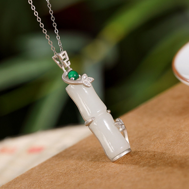 原创s925纯银天然和田玉创意古风竹节竹子复古气质女士吊坠挂坠