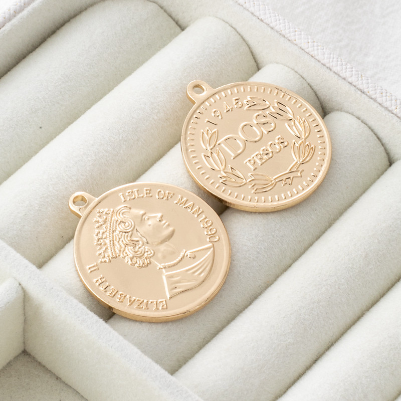 14k铜包金保色dos1945人像钱币圆形吊坠diy手工手链项链耳坠吊牌