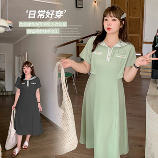 微胖加大码女装领连衣裙女2024夏季新款收腰设计感中长裙女裙短袖