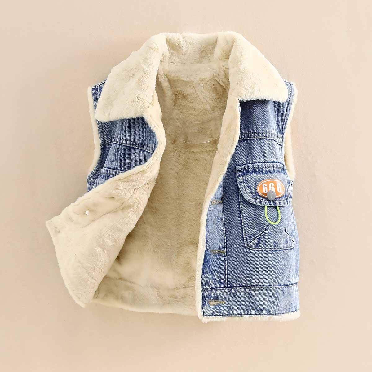 小虎帕蒂男童牛仔马甲加绒加厚宝宝冬季翻领背心仿羊羔毛儿童坎肩