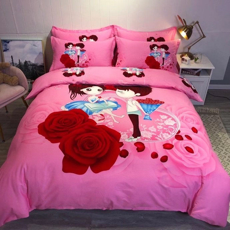 全棉大红情侣双人浪漫玫瑰花床单四件套纯棉婚庆爱心被套床上用品