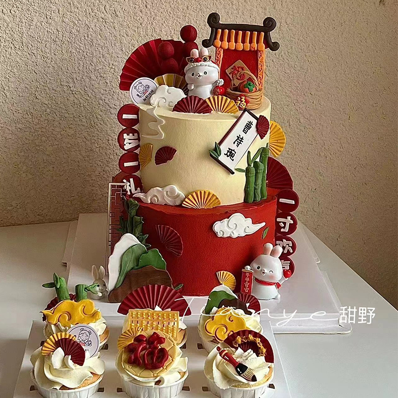 新中式兔宝宝周岁满月纸杯蛋糕装饰品