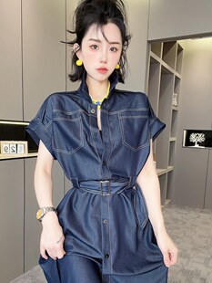 RR fashion 牛仔连衣裙女2024夏季新款单排扣翻领腰带收腰裙子