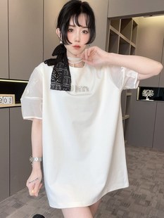 RR fashion 短袖T恤女2024夏季新款中长款亮片字母网纱拼接上衣