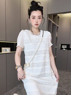 RR fashion 短袖连衣裙女2024夏季新款法式褶皱收腰长裙圆领裙子