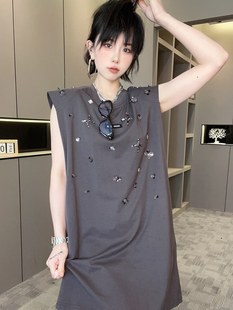 RR fashion 连衣裙女2024夏季新款法式纯色重工亮片砍袖背心裙