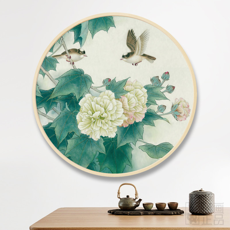 工笔壁画卧室图库新款独立新中式芙蓉花富贵鸟圆形实木装饰画挂画