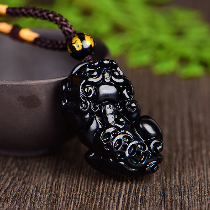 天然开光黑曜石貔貅吊坠玉项链男女情侣款 送鉴定证书 男款佩戴