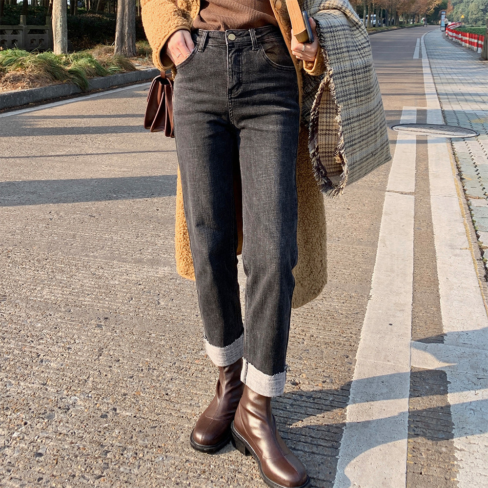 卷边直筒牛仔裤女加绒