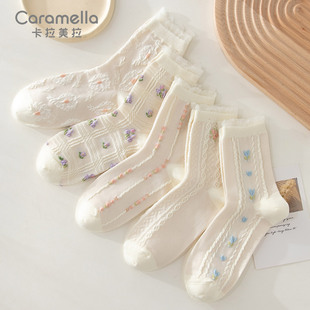 caramella女生白色袜子女春秋款中筒袜少女花边堆堆袜春秋乐福鞋