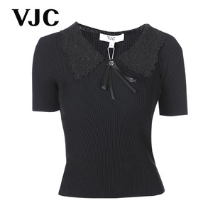 VJC/威杰思2024夏季刺绣钉珠针织衫V领蝴蝶结毛织上衣肌理感女新