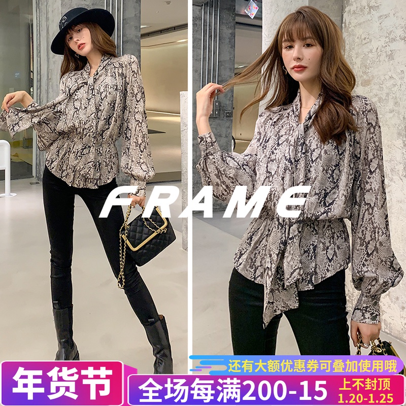 20新 FRAME复古蛇纹印花胸前蝴蝶结系带100%蚕丝真丝衬衫|ruв категории Женская одежда, рубашка - от Buy2taobao.com для оказания профессиональной услуги покупки агента Taobao