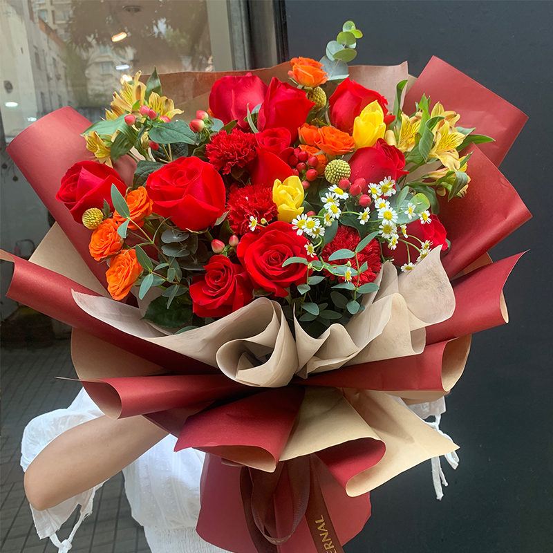 全国鲜花速递同城红色喜庆送长辈康乃馨玫瑰生日祝寿花束广州花店