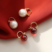 Red garnet s925 sterling silver earrings suitable for New Year's wear high-end earrings pearl retro earrings ladies