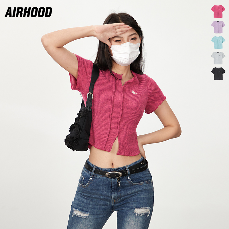 AIRHOOD 玫红色火龙果V领辣妹T恤短袖小众短款正肩针织露脐上衣女