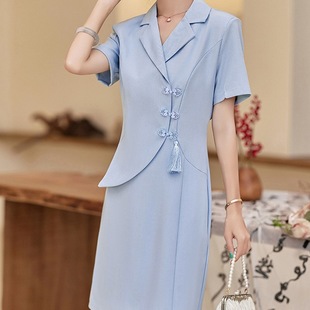 极简新中式通勤风短袖连衣裙夏职业女装时装浅蓝色西装连体一步裙