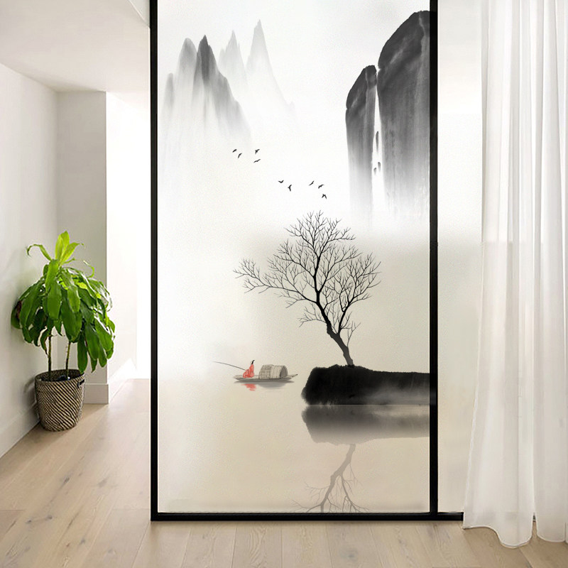 贴纸中式山水画卫生间防窥防走光客厅卧室玻璃门装饰静电贴膜优惠券