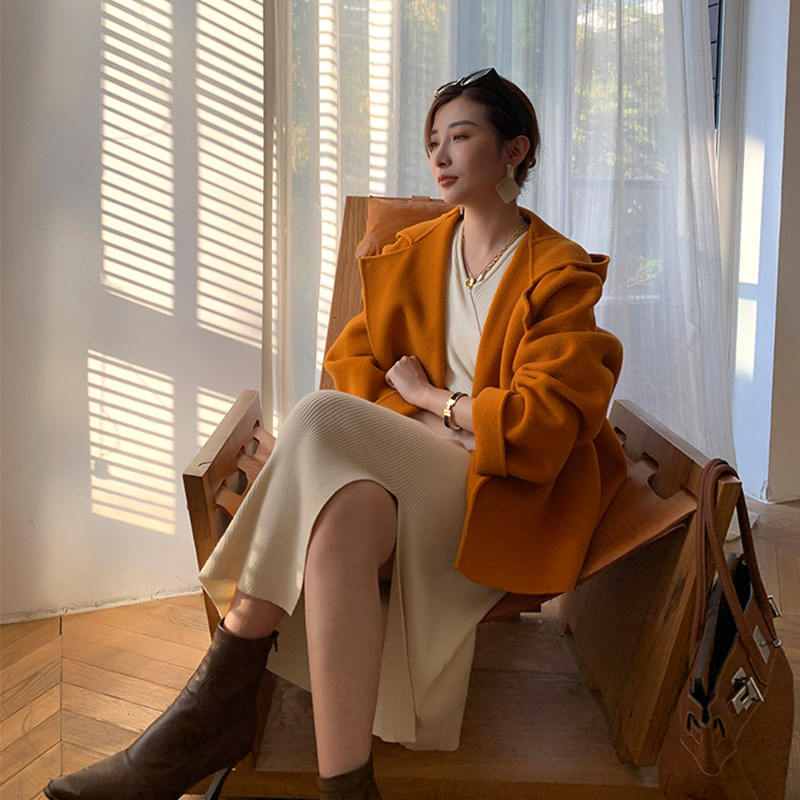 飒纳2020冬季新款南瓜色双面呢羊绒大衣女韩版宽松短款羊毛呢外套