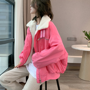 粉色羊羔毛外套女冬装欧洲站2023新款欧货加绒加厚短款毛毛机车服