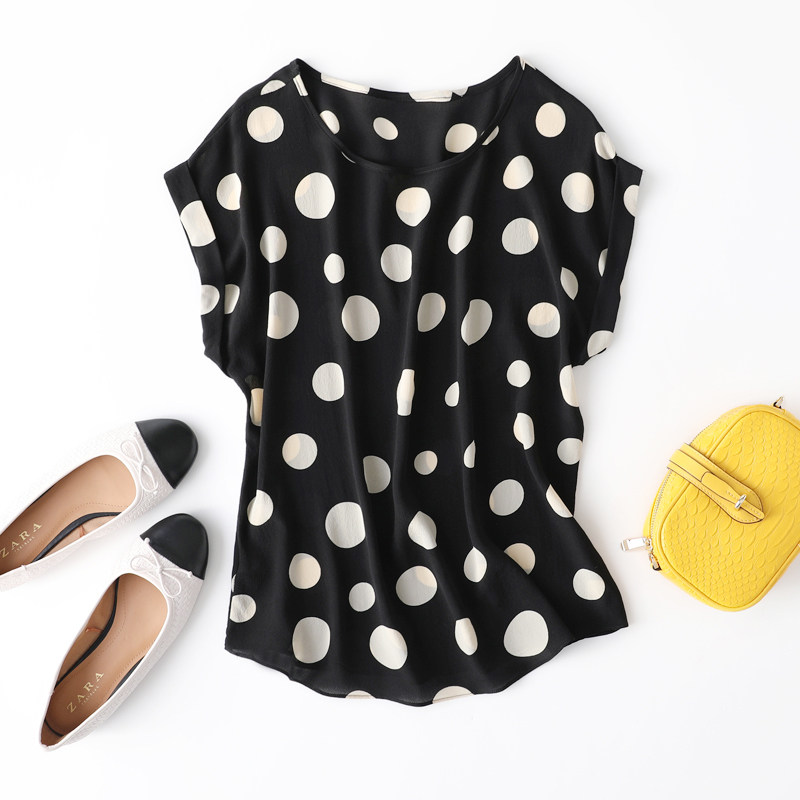 摩登复古黑白大圆点印花 桑蚕丝宽松圆领真丝短袖t恤上衣女