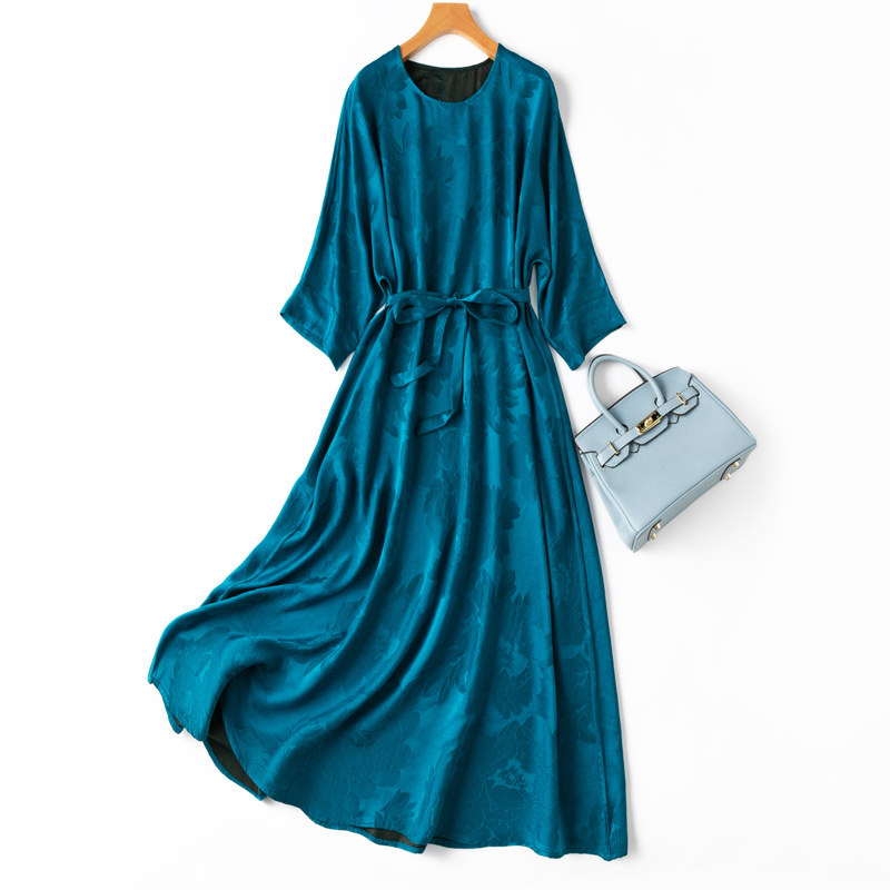 真丝香云纱提花优雅孔雀蓝宽松连衣裙 桑蚕丝裙子