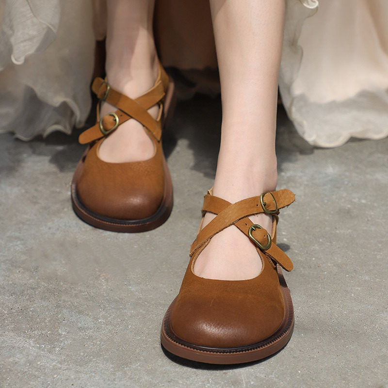 原创大头宽脚单鞋夏季新款头层牛皮女鞋学院风圆头凉鞋软底娃娃头