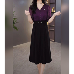 紫色拼接连衣裙夏季2024年新款遮肉显瘦中长款时尚洋气气质裙子