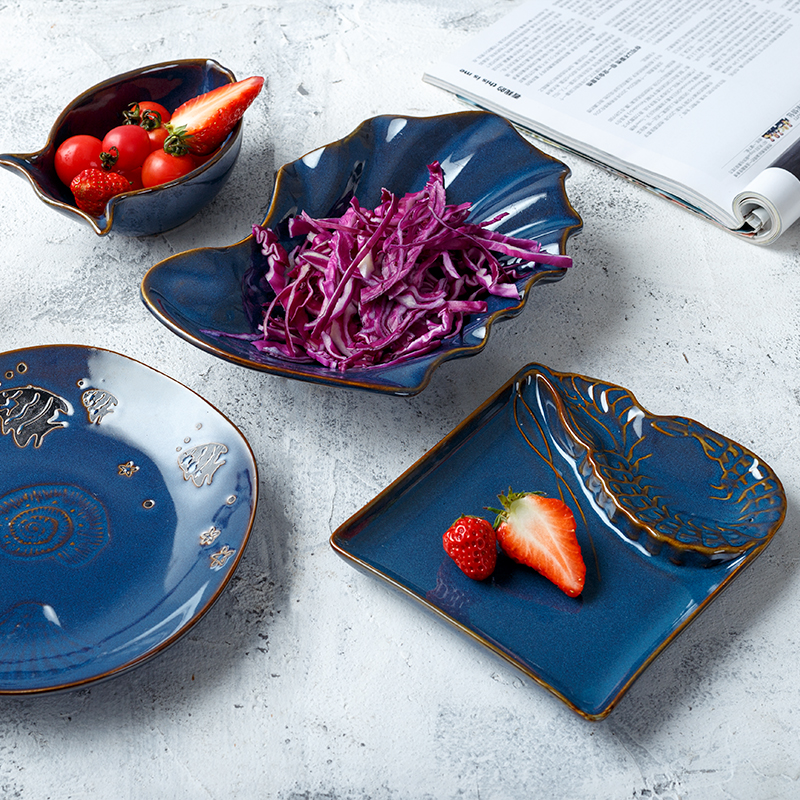 创意深蓝色陶瓷盘家用小吃点心分格盘网红水果盘西餐厅装饰盘