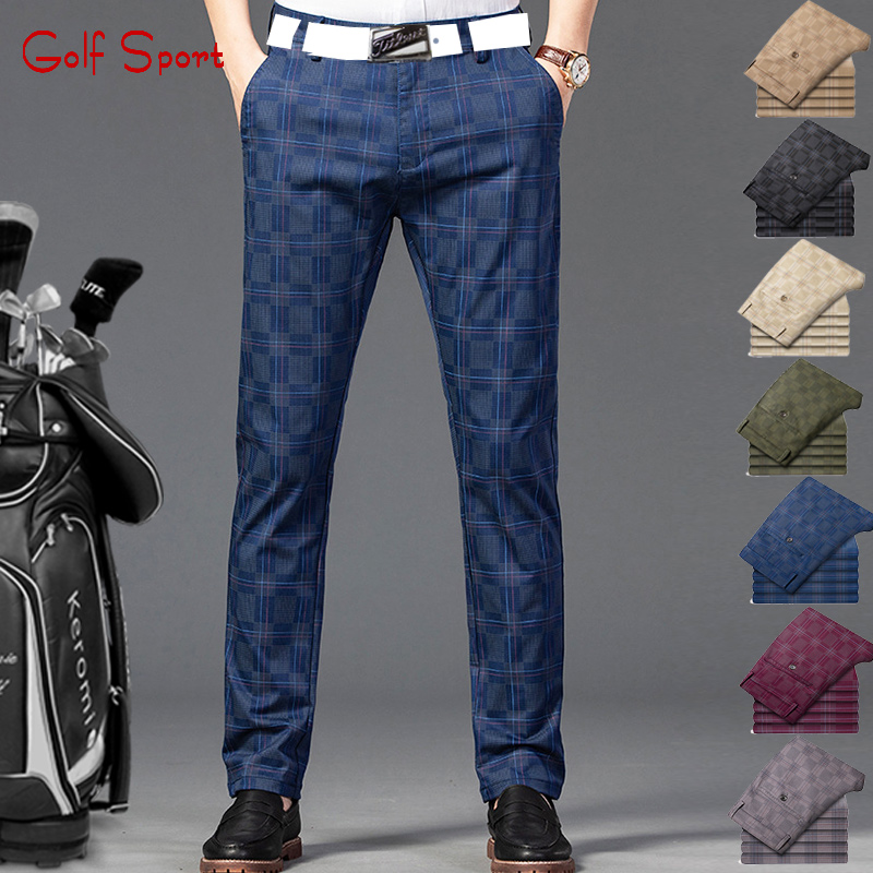 春夏高尔夫球男士格子长裤子薄款透气