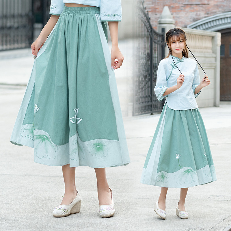 实拍春季新款拼色民族风半身裙荷花裙女装