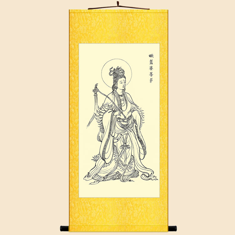 毗蓝婆菩萨画像绢布卷轴挂画中式复古装饰画丝绸画来图定制订做