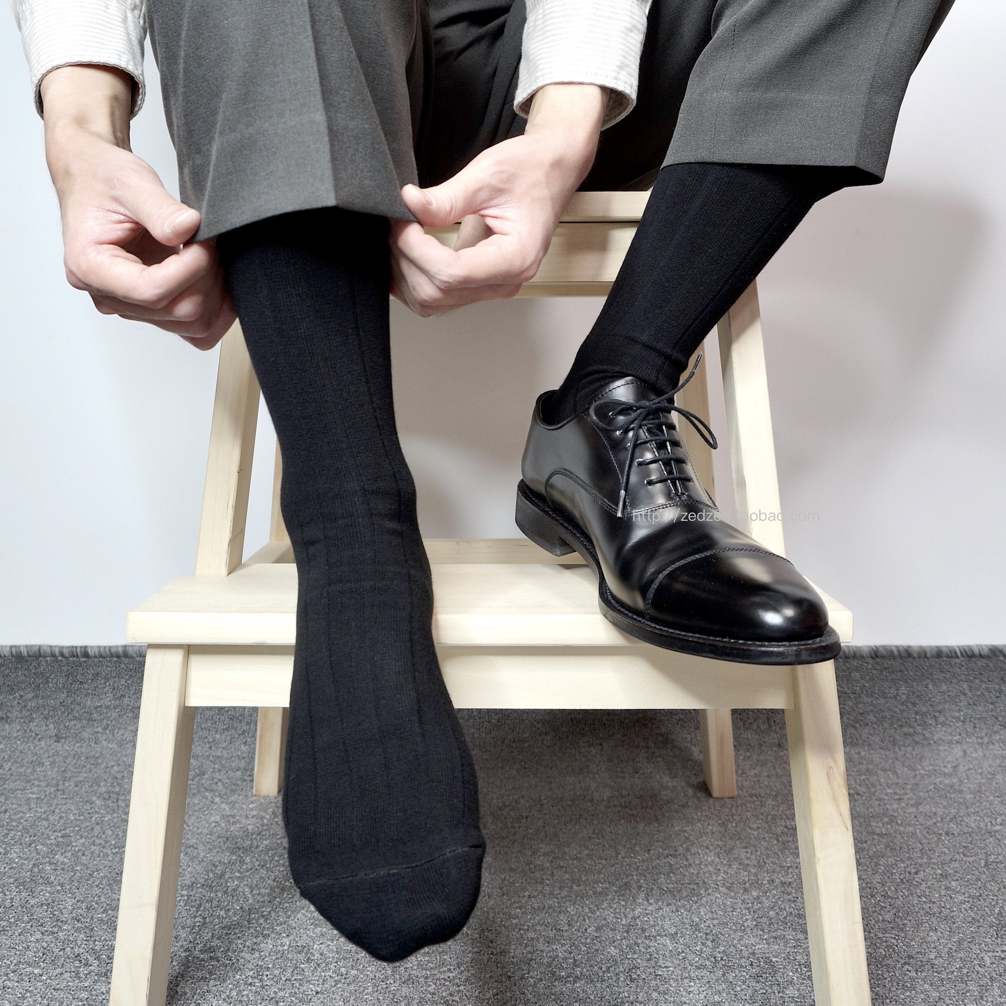 欧美风宽罗纹商务袜男士正装绅士上班通勤柔软棉质纯黑色大码袜子