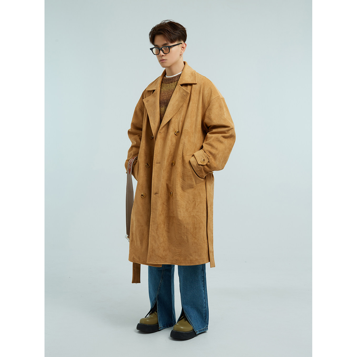 首席名模 麂皮绒长款双排扣大衣男英伦风冬轻奢男装过膝风衣外套