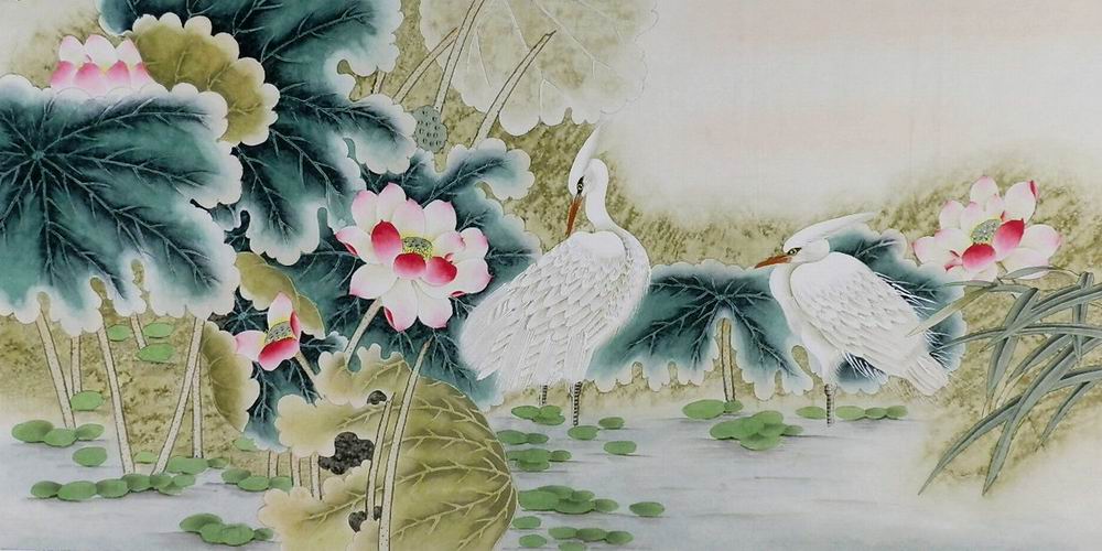 手绘字画装饰画热销i062146四尺无款国画工笔画花鸟荷花鹭鸶136