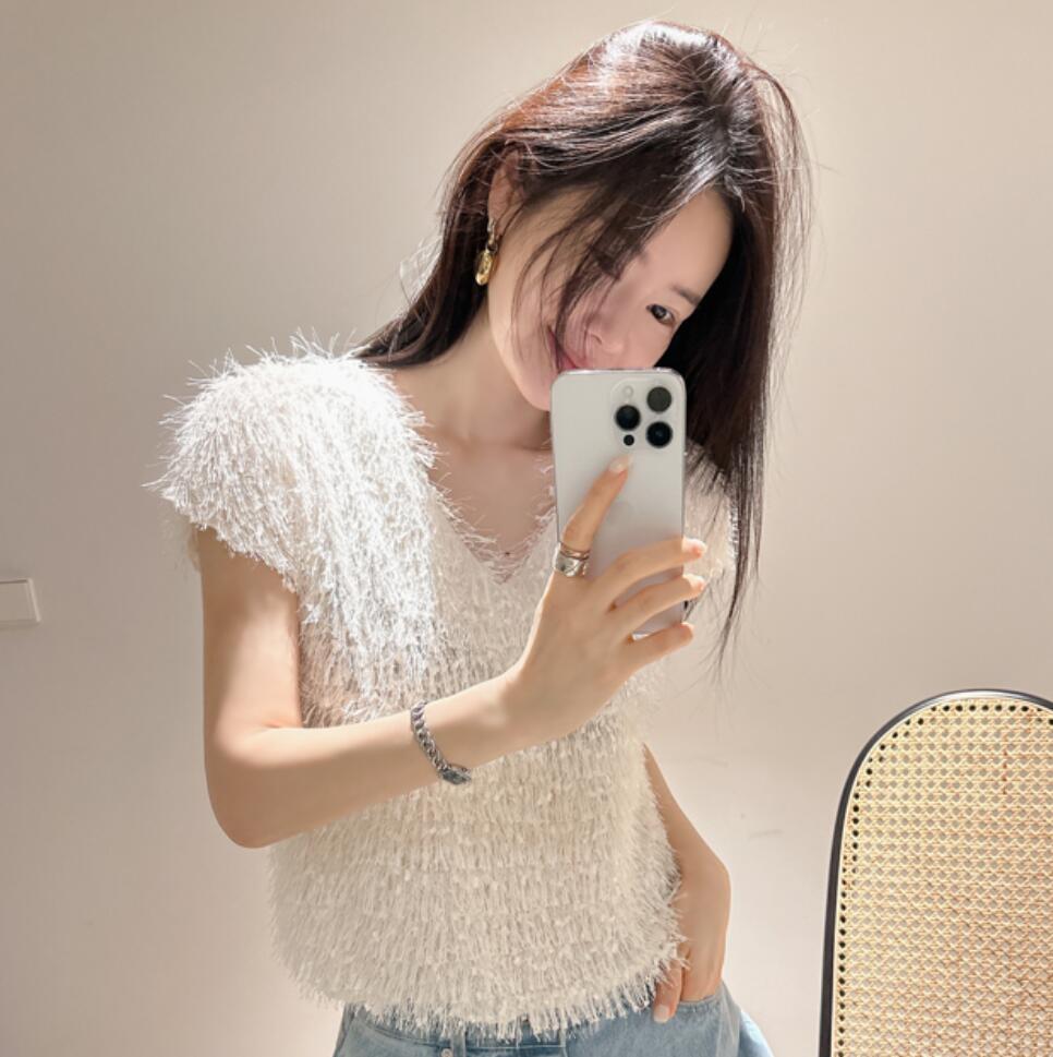 韩国正品女装代购 Partysu 2024春款 毛穗穗设计短袖时髦T恤