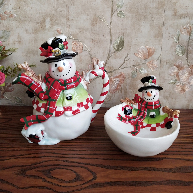 美国品牌CR纯手绘陶瓷雪人茶壶客厅可爱卡通礼品摆件水果碗泡茶壶
