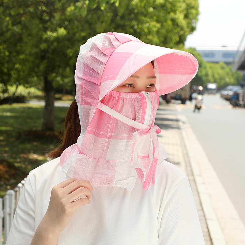 遮阳帽子女夏天百搭防晒户外骑车骑行钓鱼防紫外线棉布格子太阳帽