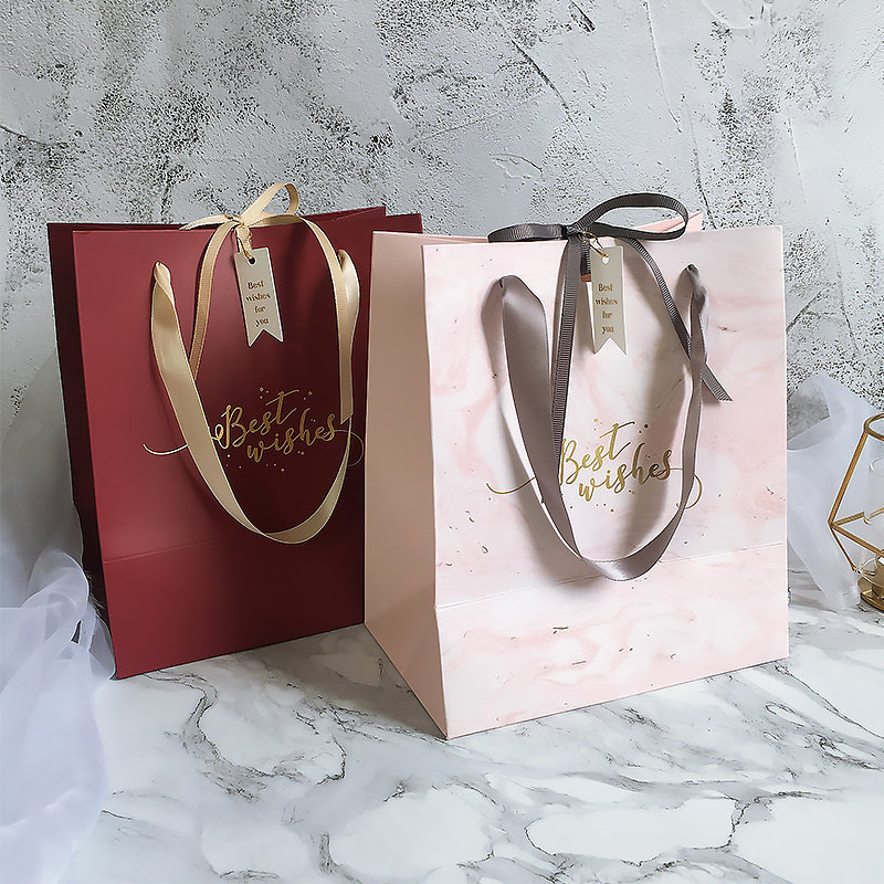 逼格派大理石礼品袋伴手礼粉色纸袋手提袋酒红色结婚回礼